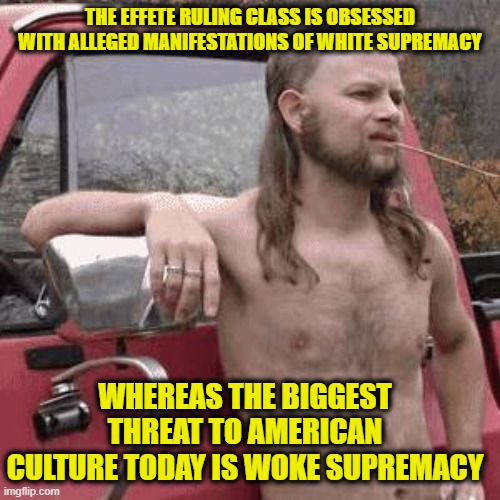 Reflections on Wokism | THE EFFETE RULING CLASS IS OBSESSED WITH ALLEGED MANIFESTATIONS OF WHITE SUPREMACY; WHEREAS THE BIGGEST THREAT TO AMERICAN CULTURE TODAY IS WOKE SUPREMACY | image tagged in almost politically correct redneck,wokeness,wokism,woke supremacy | made w/ Imgflip meme maker