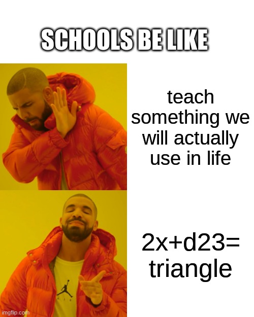 am i wrong tho? | SCHOOLS BE LIKE; teach something we will actually use in life; 2x+d23= triangle | image tagged in memes,drake hotline bling | made w/ Imgflip meme maker