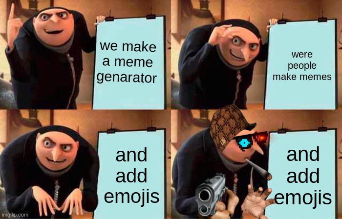 Gru's Plan Meme | we make a meme genarator; were people make memes; and add emojis; and add emojis | image tagged in memes,gru's plan | made w/ Imgflip meme maker