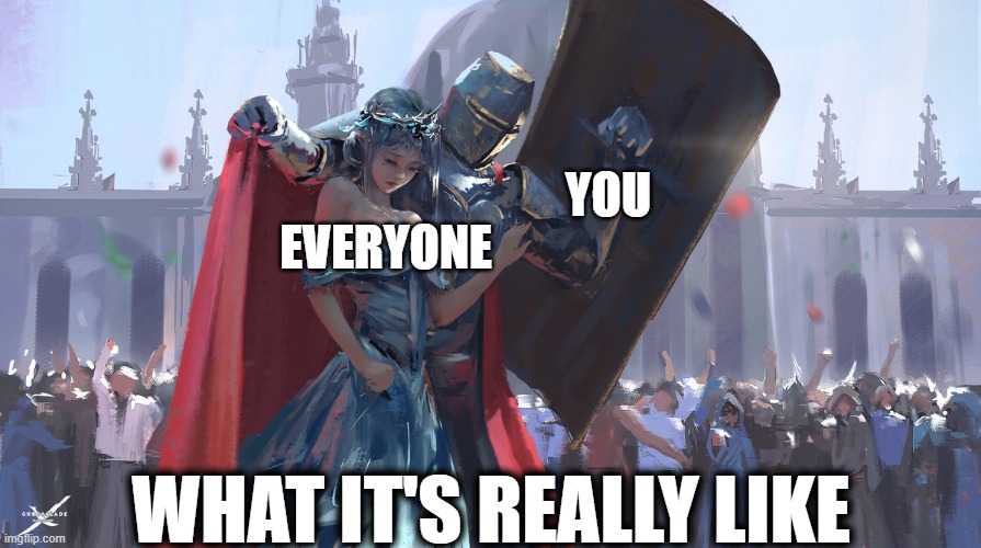 Knight Protecting Princess | YOU EVERYONE WHAT IT'S REALLY LIKE | image tagged in knight protecting princess | made w/ Imgflip meme maker