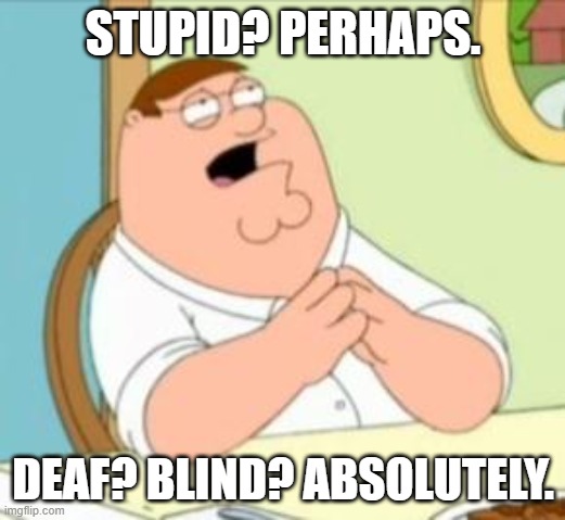 Perhaps Peter Griffin | STUPID? PERHAPS. DEAF? BLIND? ABSOLUTELY. | image tagged in perhaps peter griffin | made w/ Imgflip meme maker