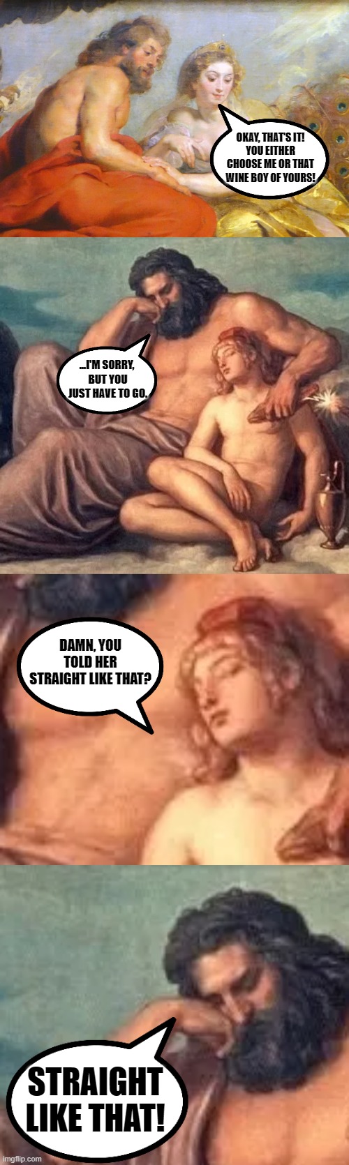 Damn. | OKAY, THAT'S IT!
YOU EITHER CHOOSE ME OR THAT WINE BOY OF YOURS! ...I'M SORRY, 
BUT YOU JUST HAVE TO GO. DAMN, YOU TOLD HER STRAIGHT LIKE THAT? STRAIGHT LIKE THAT! | image tagged in zeus,hera,ganymede,greek mythology,funny,lgbtq | made w/ Imgflip meme maker