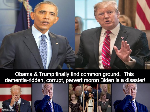 Obama & Trump Find Common Ground | Obama & Trump finally find common ground.  This
 dementia-ridden, corrupt, pervert moron Biden is a disaster! | image tagged in biden,dementia,obama,trump,afghanistan,creepy joe biden | made w/ Imgflip meme maker