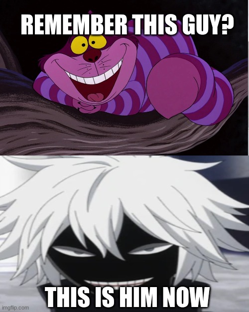 Cheshire Cat ,This is Him Now | REMEMBER THIS GUY? THIS IS HIM NOW | image tagged in anime,mha,alice in wonderland | made w/ Imgflip meme maker
