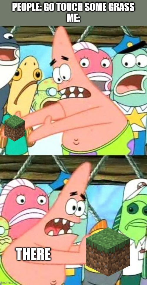 Put It Somewhere Else Patrick Meme | PEOPLE: GO TOUCH SOME GRASS
ME:; THERE | image tagged in memes,put it somewhere else patrick | made w/ Imgflip meme maker