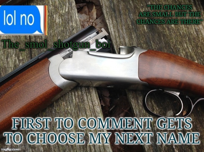 Oh no | FIRST TO COMMENT GETS TO CHOOSE MY NEXT NAME | image tagged in smol shotgun boi temp | made w/ Imgflip meme maker