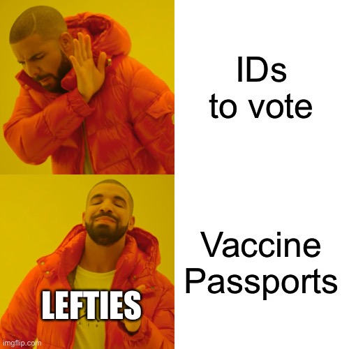 Drake Hotline Bling | IDs to vote; Vaccine Passports; LEFTIES | image tagged in memes,drake hotline bling | made w/ Imgflip meme maker