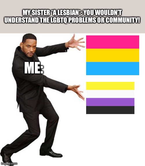 I am pansexual and non binary as f*ck | MY SISTER *A LESBIAN*: YOU WOULDN’T UNDERSTAND THE LGBTQ PROBLEMS OR COMMUNITY! ME: | image tagged in lgbtq,sister | made w/ Imgflip meme maker
