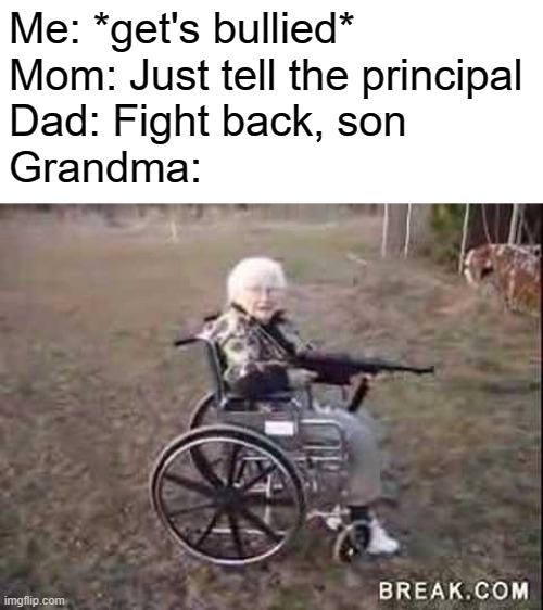 grandma with MP40 |  Me: *get's bullied*
Mom: Just tell the principal
Dad: Fight back, son
Grandma: | image tagged in ww1 | made w/ Imgflip meme maker