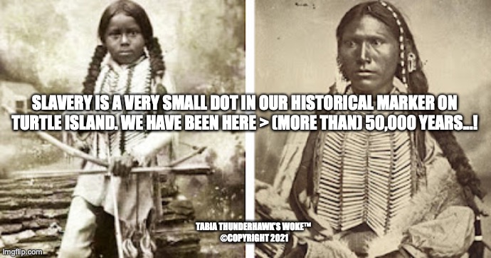 Black | SLAVERY IS A VERY SMALL DOT IN OUR HISTORICAL MARKER ON TURTLE ISLAND. WE HAVE BEEN HERE > (MORE THAN) 50,000 YEARS...! TABIA THUNDERHAWK’S WOKE™ 
©COPYRIGHT 2021 | image tagged in indian chief | made w/ Imgflip meme maker