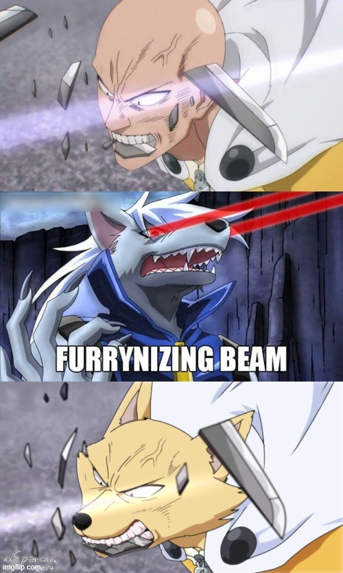 That bite is lookin' clean! (Furry version by xxsparcoxx) | image tagged in furrynizing beam,furry,saitama,has hair this time xd,anime,one punch man | made w/ Imgflip meme maker