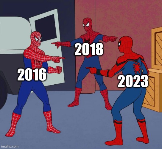 2016 2018 2023 | image tagged in spider man triple | made w/ Imgflip meme maker