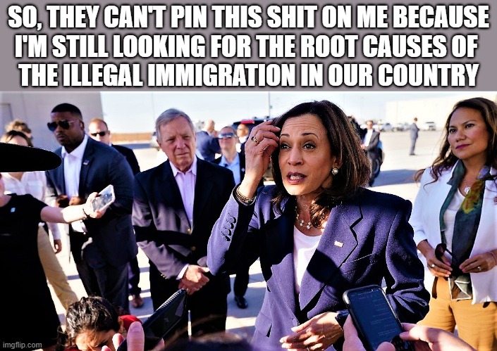 kamala nervous | SO, THEY CAN'T PIN THIS SHIT ON ME BECAUSE
I'M STILL LOOKING FOR THE ROOT CAUSES OF 
THE ILLEGAL IMMIGRATION IN OUR COUNTRY | image tagged in political meme,political humor,illegal immigration,afghanistan,taliban,kamala harris | made w/ Imgflip meme maker