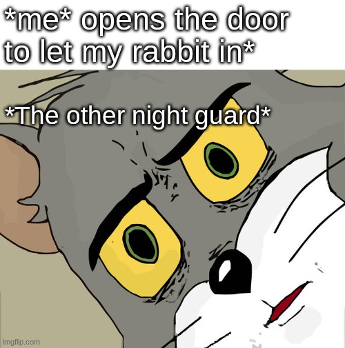 Bonnie is my frend | *me* opens the door to let my rabbit in*; *The other night guard* | image tagged in memes,unsettled tom,bonnie,night,guard | made w/ Imgflip meme maker