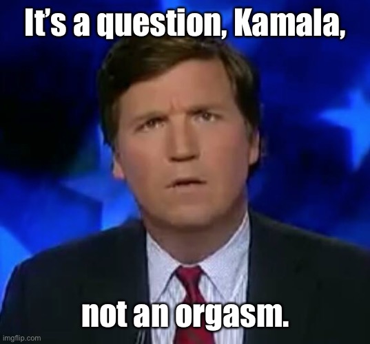 confused Tucker carlson | It’s a question, Kamala, not an orgasm. | image tagged in confused tucker carlson | made w/ Imgflip meme maker