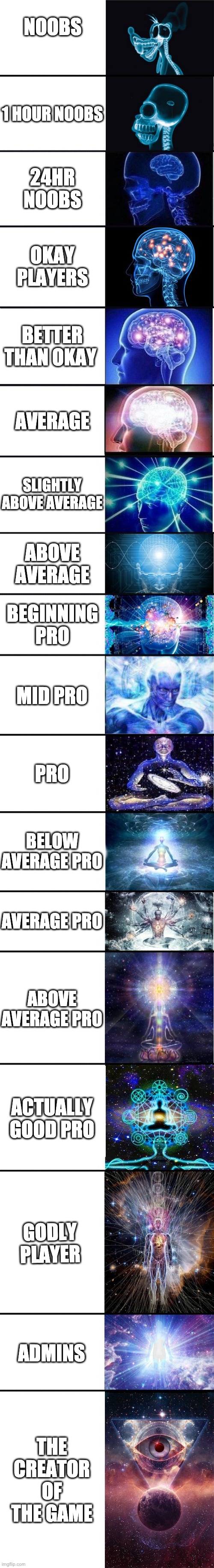 expanding brain: 9001 | NOOBS; 1 HOUR NOOBS; 24HR NOOBS; OKAY PLAYERS; BETTER THAN OKAY; AVERAGE; SLIGHTLY ABOVE AVERAGE; ABOVE AVERAGE; BEGINNING PRO; MID PRO; PRO; BELOW AVERAGE PRO; AVERAGE PRO; ABOVE AVERAGE PRO; ACTUALLY GOOD PRO; GODLY PLAYER; ADMINS; THE CREATOR OF THE GAME | image tagged in expanding brain 9001 | made w/ Imgflip meme maker