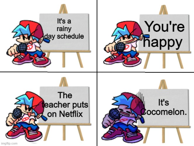 the bf's plan | It's a rainy day schedule You're happy The teacher puts on Netflix It's Cocomelon. | image tagged in the bf's plan | made w/ Imgflip meme maker