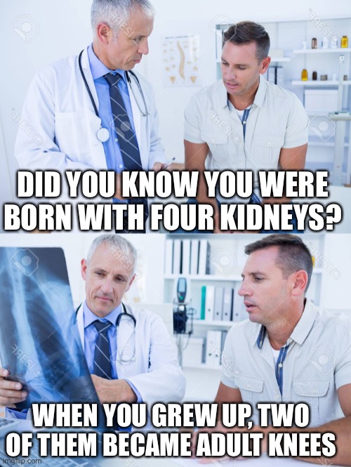 Kidneys lol | DID YOU KNOW YOU WERE BORN WITH FOUR KIDNEYS? WHEN YOU GREW UP, TWO OF THEM BECAME ADULT KNEES | image tagged in doctor x-ray | made w/ Imgflip meme maker