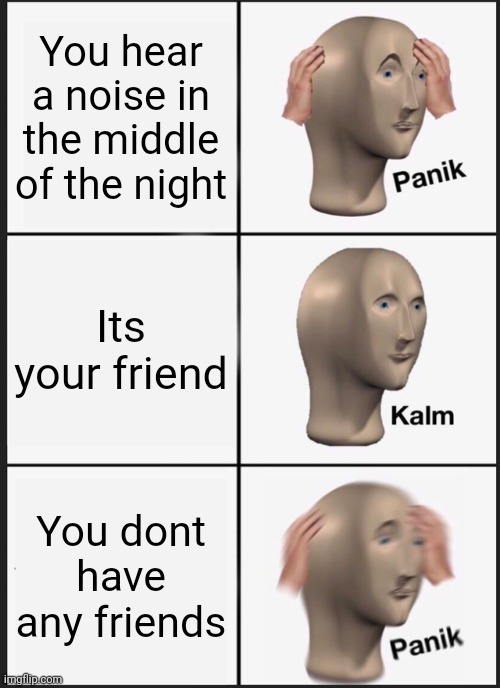 Panik Kalm Panik Meme | You hear a noise in the middle of the night; Its your friend; You dont have any friends | image tagged in memes,panik kalm panik | made w/ Imgflip meme maker