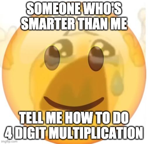 happy emoji on the outside, but crying on the inside | SOMEONE WHO'S SMARTER THAN ME; TELL ME HOW TO DO 4 DIGIT MULTIPLICATION | image tagged in happy emoji on the outside but crying on the inside | made w/ Imgflip meme maker