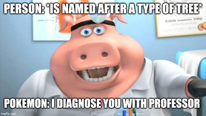 Pokemon be like | PERSON: *IS NAMED AFTER A TYPE OF TREE*; POKEMON: I DIAGNOSE YOU WITH PROFESSOR | image tagged in i diagnose you with dead | made w/ Imgflip meme maker