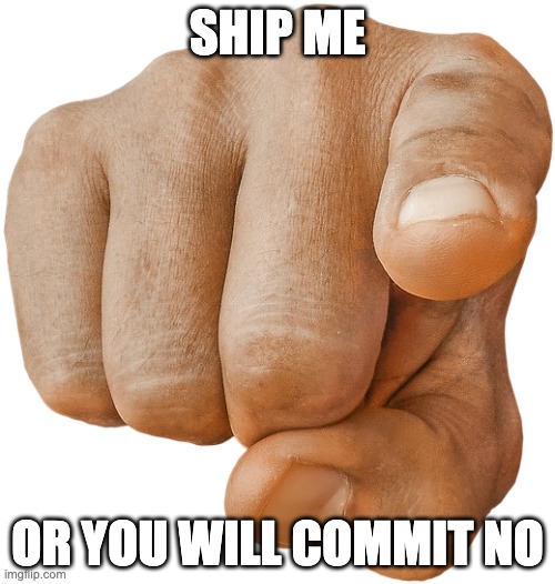 pointing finger | SHIP ME; OR YOU WILL COMMIT NO | image tagged in pointing finger | made w/ Imgflip meme maker