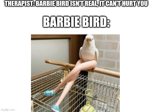 Lets get this to Memenade |  THERAPIST: BARBIE BIRD ISN'T REAL, IT CAN'T HURT YOU; BARBIE BIRD: | image tagged in blank white template,stuff,i accept downvotes | made w/ Imgflip meme maker