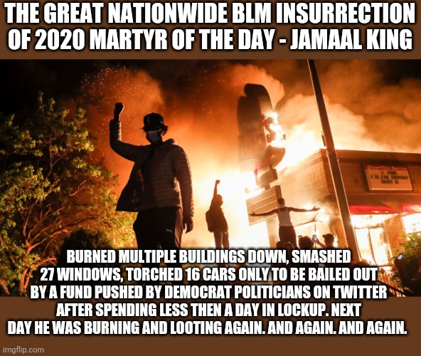 BLM Riots | THE GREAT NATIONWIDE BLM INSURRECTION OF 2020 MARTYR OF THE DAY - JAMAAL KING BURNED MULTIPLE BUILDINGS DOWN, SMASHED 27 WINDOWS, TORCHED 16 | image tagged in blm riots | made w/ Imgflip meme maker