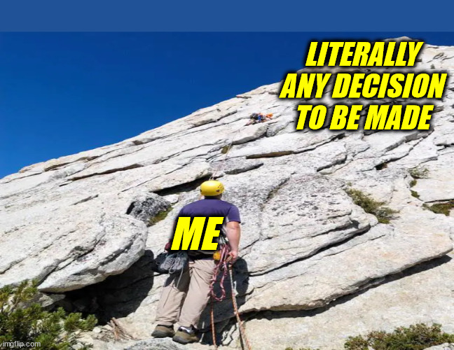 Decision Making | LITERALLY ANY DECISION TO BE MADE; ME | image tagged in anxiety,decisions | made w/ Imgflip meme maker