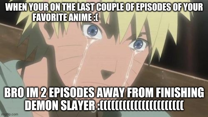 sadge | WHEN YOUR ON THE LAST COUPLE OF EPISODES OF YOUR FAVORITE ANIME :(; BRO IM 2 EPISODES AWAY FROM FINISHING DEMON SLAYER :(((((((((((((((((((((( | image tagged in finishing anime | made w/ Imgflip meme maker