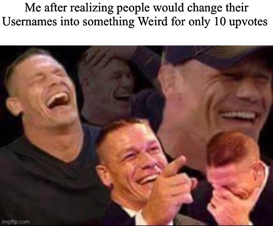Lel | Me after realizing people would change their Usernames into something Weird for only 10 upvotes | image tagged in john cena laughing | made w/ Imgflip meme maker