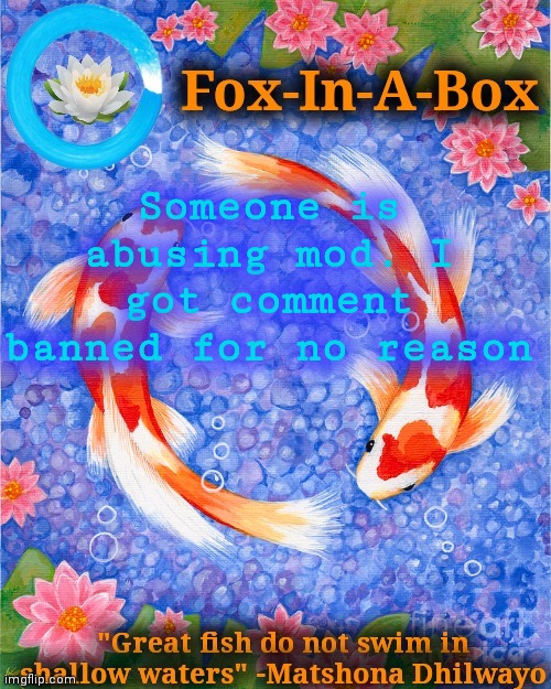 Whoever did ban me. Tell me why in comments | Someone is abusing mod. I got comment banned for no reason | image tagged in fox-in-a-box fish temp | made w/ Imgflip meme maker