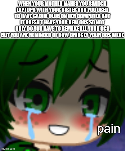 WHEN YOUR MOTHER MAKES YOU SWITCH LAPTOPS WITH YOUR SISTER AND YOU USED TO HAVE GACHA CLUB ON HER COMPUTER BUT IT DOESN'T HAVE YOUR NEW OCS SO NOT ONLY DO YOU HAVE TO REMAKE ALL YOUR OCS BUT YOU ARE REMINDED OF HOW CRINGEY YOUR OCS WERE; pain | made w/ Imgflip meme maker