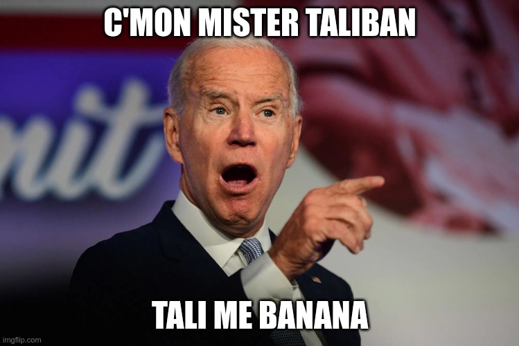 Nincompoop 46 | C'MON MISTER TALIBAN; TALI ME BANANA | image tagged in angry joe biden pointing,worst president ever,impeach biden | made w/ Imgflip meme maker