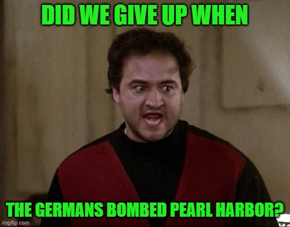 John Belushi - Animal House | DID WE GIVE UP WHEN THE GERMANS BOMBED PEARL HARBOR? | image tagged in john belushi - animal house | made w/ Imgflip meme maker