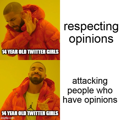 Drake Hotline Bling | respecting opinions; 14 YEAR OLD TWITTER GIRLS; attacking people who have opinions; 14 YEAR OLD TWITTER GIRLS | image tagged in memes,drake hotline bling | made w/ Imgflip meme maker