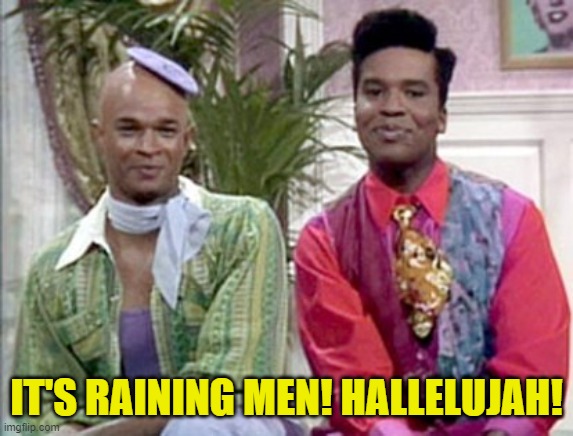 Men on film | IT'S RAINING MEN! HALLELUJAH! | image tagged in men on film | made w/ Imgflip meme maker