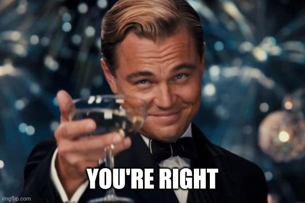 Leonardo Dicaprio Cheers Meme | YOU'RE RIGHT | image tagged in memes,leonardo dicaprio cheers | made w/ Imgflip meme maker