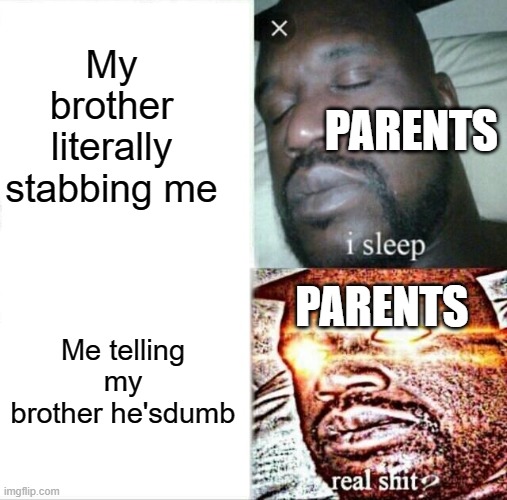 it do be true do | My brother literally stabbing me; PARENTS; PARENTS; Me telling my brother he'sdumb | image tagged in memes,sleeping shaq | made w/ Imgflip meme maker