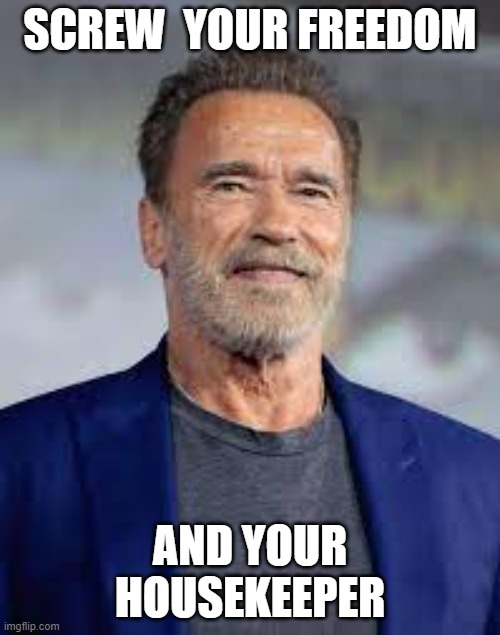 Arnold screw your freedom | SCREW  YOUR FREEDOM; AND YOUR HOUSEKEEPER | image tagged in arnold schwarzenegger,screw your freedom | made w/ Imgflip meme maker
