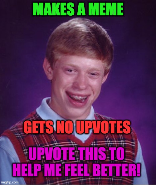 Will you? | MAKES A MEME; GETS NO UPVOTES; UPVOTE THIS TO HELP ME FEEL BETTER! | image tagged in memes,bad luck brian,upvote begging,please | made w/ Imgflip meme maker