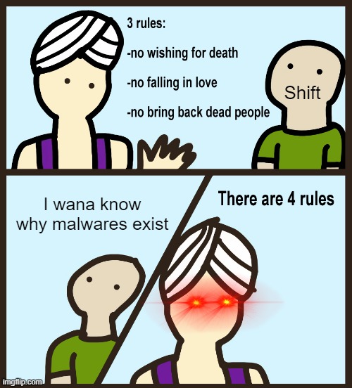 Genie Rules Meme | Shift; I wana know why malwares exist | image tagged in genie rules meme | made w/ Imgflip meme maker