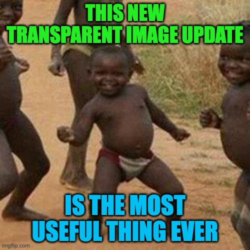 It's helpful. | THIS NEW TRANSPARENT IMAGE UPDATE; IS THE MOST USEFUL THING EVER | image tagged in memes,third world success kid | made w/ Imgflip meme maker