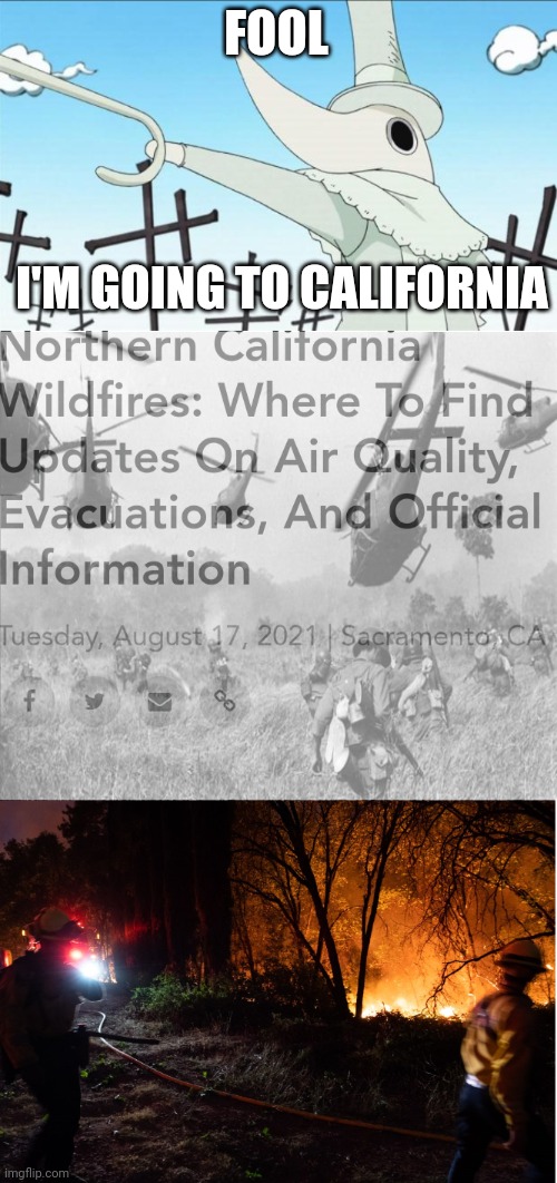 Idk what to put | FOOL; I'M GOING TO CALIFORNIA | image tagged in excalibur,memes,soul eater,california,california fires,trigger warning | made w/ Imgflip meme maker