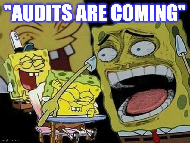 Spongebob laughing Hysterically | "AUDITS ARE COMING" | image tagged in spongebob laughing hysterically | made w/ Imgflip meme maker