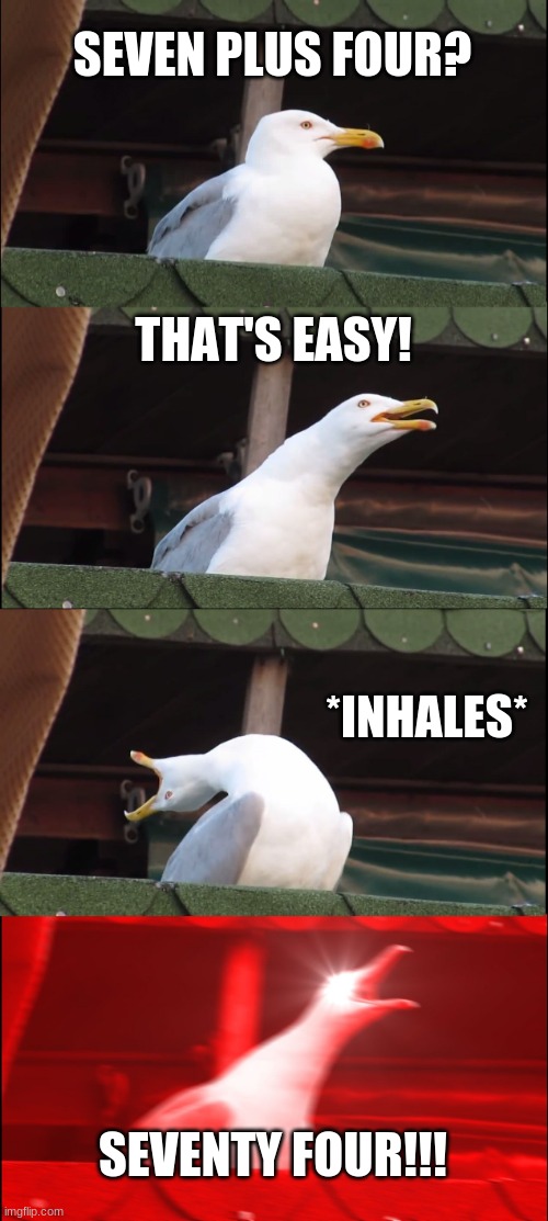 Inhaling Seagull | SEVEN PLUS FOUR? THAT'S EASY! *INHALES*; SEVENTY FOUR!!! | image tagged in memes,inhaling seagull | made w/ Imgflip meme maker