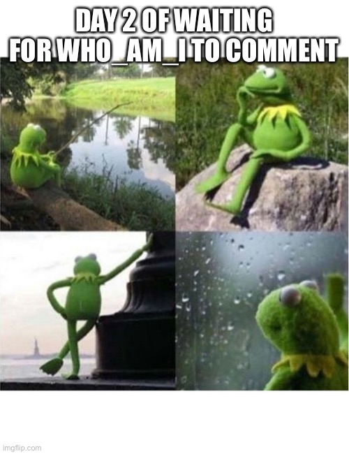 blank kermit waiting | DAY 2 OF WAITING FOR WHO_AM_I TO COMMENT | image tagged in blank kermit waiting | made w/ Imgflip meme maker