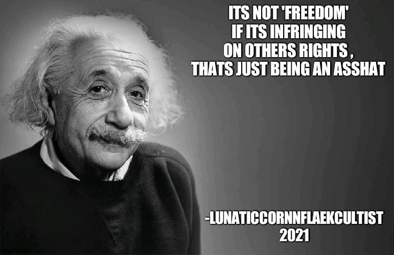 yes | ITS NOT 'FREEDOM' IF ITS INFRINGING ON OTHERS RIGHTS , THATS JUST BEING AN ASSHAT; -LUNATICCORNNFLAEKCULTIST 2021 | image tagged in albert einstein quotes | made w/ Imgflip meme maker
