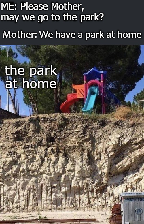 ME: Please Mother, may we go to the park? Mother: We have a park at home; the park at home | image tagged in park | made w/ Imgflip meme maker