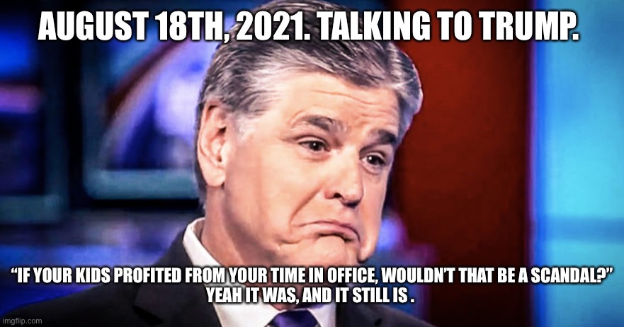 Sean Hannity | AUGUST 18TH, 2021. TALKING TO TRUMP. “IF YOUR KIDS PROFITED FROM YOUR TIME IN OFFICE, WOULDN’T THAT BE A SCANDAL?”
YEAH IT WAS, AND IT STILL IS . | image tagged in sean hannity | made w/ Imgflip meme maker